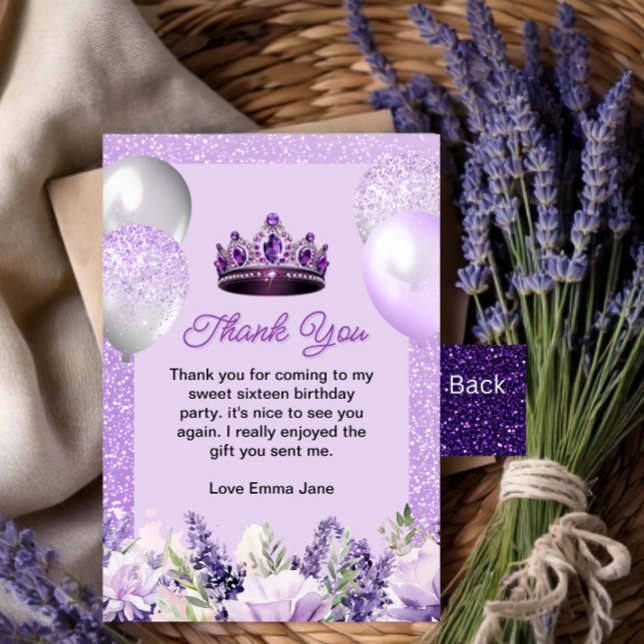 Purple Sparkle Sweet 16 Birthday Party Thank You Card (Creator Uploaded)