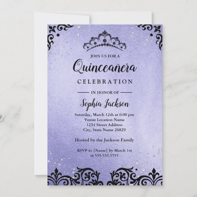 Purple Sparkle Tiara Damask Quinceanera Invitation (Front)