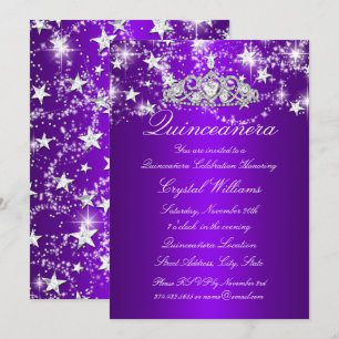 Purple Sparkle Tiara & Stars Quinceanera Invitation