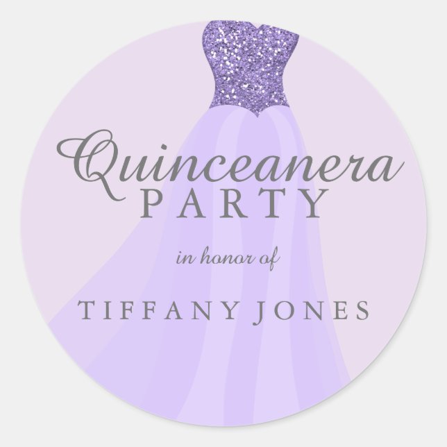 Purple Sparkling Glitter Gown Quinceanera Party Classic Round Sticker (Front)
