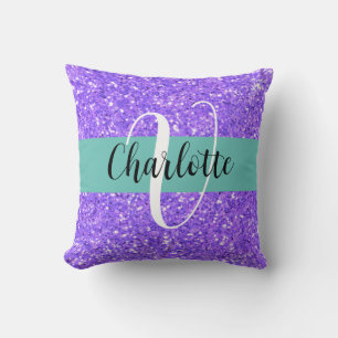 Purple sparkling glitter monogrammed      cushion