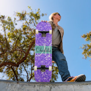 Purple  sparkling glitter monogrammed       skateboard