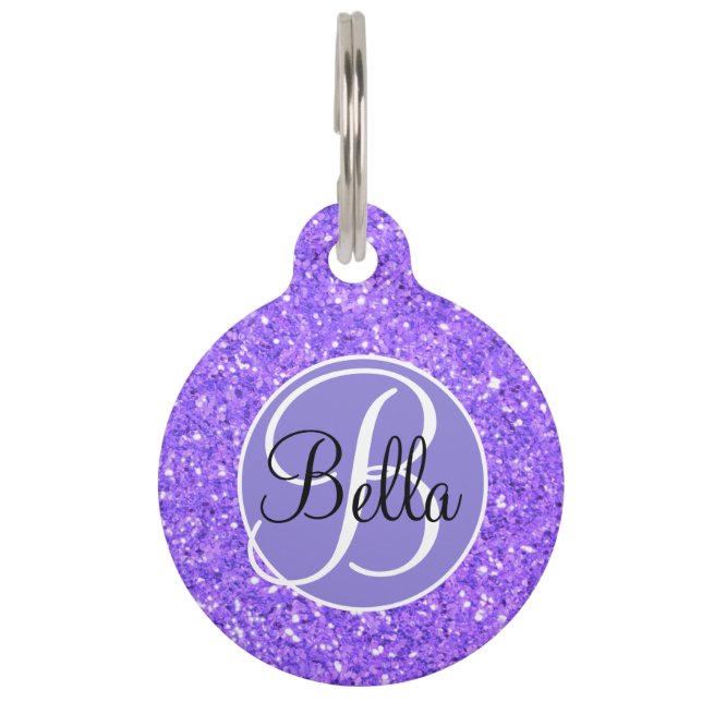 Purple sparkling glitter pattern monogrammed  pet tag (Front)