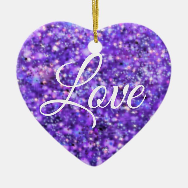 Purple sparkling heart, love glitter valentine ceramic tree decoration (Front)