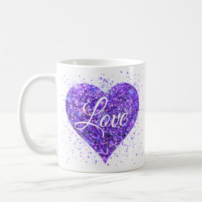 Purple sparkling heart, love glitter valentine coffee mug (Left)