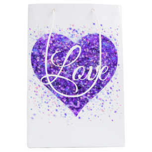 Purple sparkling heart, love glitter valentine medium gift bag