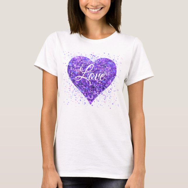 Purple sparkling heart, love glitter valentine T-Shirt (Front)