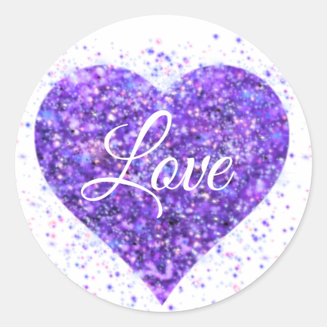 Purple sparkling sequins, love graffiti valentine classic round sticker (Front)