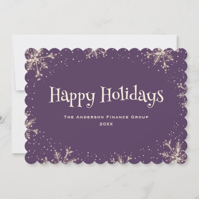 Purple Sparkling Snowflakes Corporate Business Holiday Card (Front)
