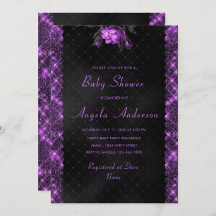 Purple Sparkly Framed Baby Girl Shower Invitation 