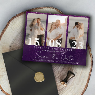 Purple Sparkly  Photo Collage Save the Date Card