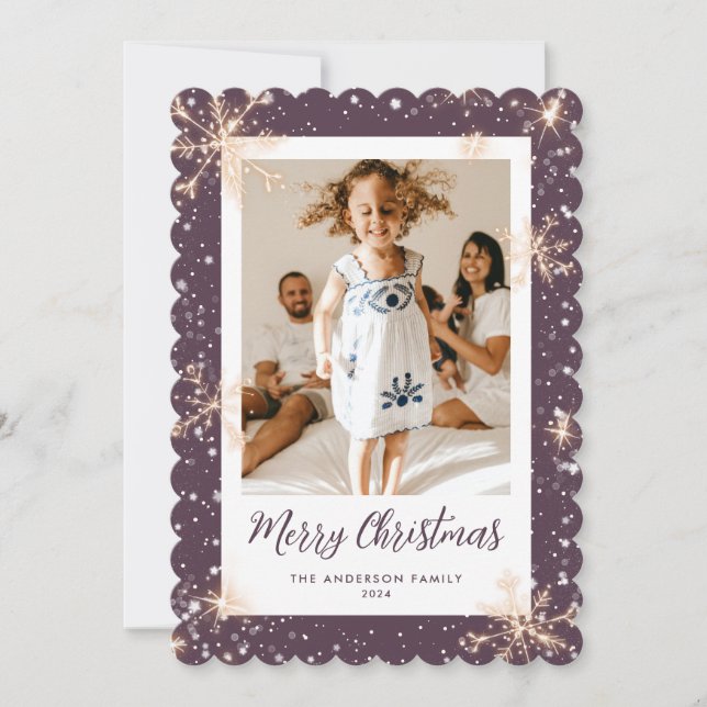 Purple Sparkly Snowflakes Photo Merry Christmas Holiday Card (Front)