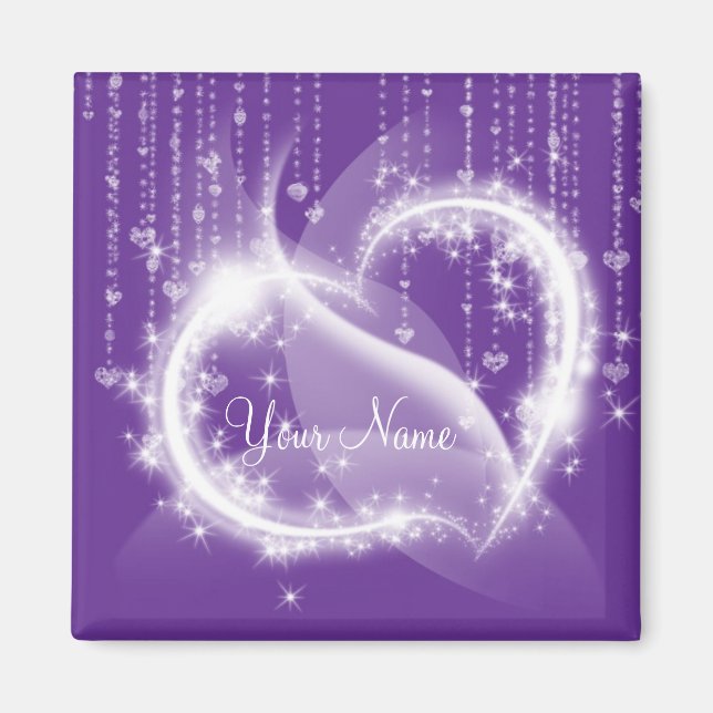Purple Sparkly White Heart Refrigerator Magnet (Front)