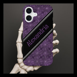 Purple Spiderweb Pattern Custom Name & Skulls iPhone 16 Case