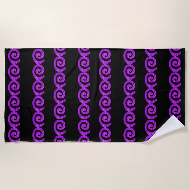 Purple spirals pattern on black beach towel (Front)
