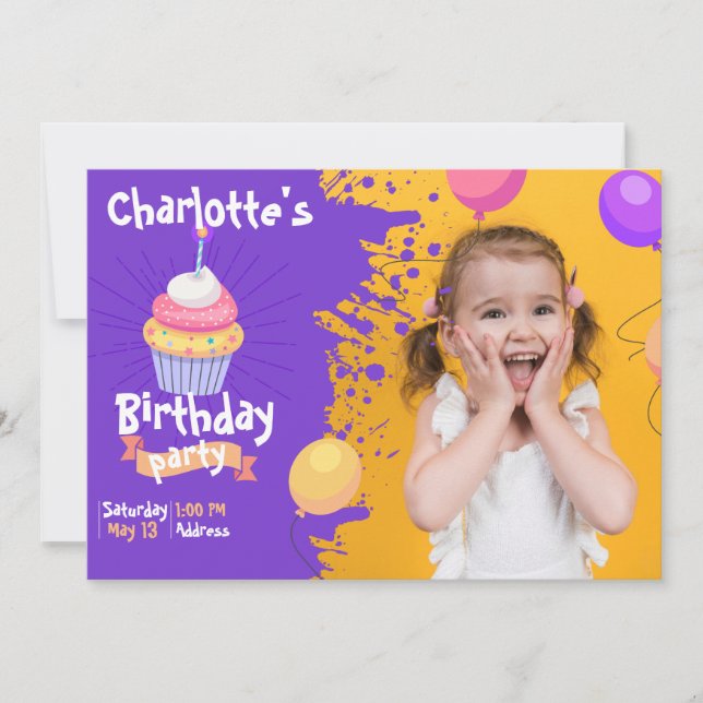 Purple Splash Cupcake Balloons Birthday Invitation (Front)