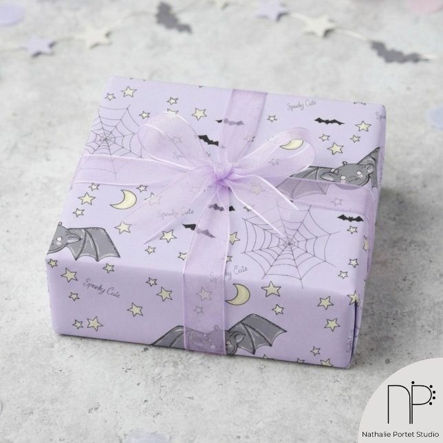 Purple Spooky Cute Bats Halloween Wrapping Paper (Hand-drawn baby bat star moon pastel purple Halloween wrapping paper unique gift wrap)