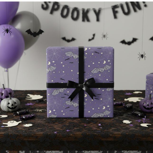 Purple Spooky Cute Bats Halloween Wrapping Paper (Purple Spooky Cute Bats Pattern for Kids Halloween Party Wrapping Paper. Cute Stars, Moon & Webs)