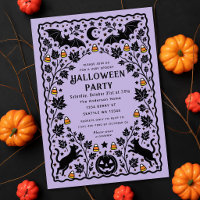 Purple Spooky Folk Art Bat & Cat Halloween Party