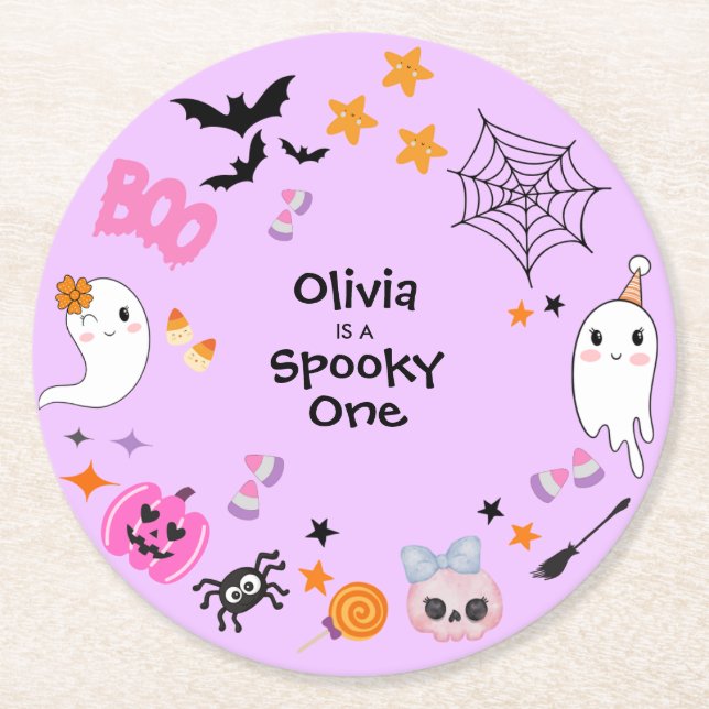 Purple Spooky One Cute Halloween 1st Birthday  Round Paper Coaster (Front)