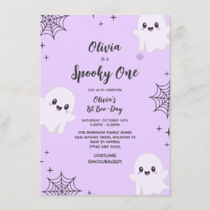 Purple Spooky One CuteGhost Halloween 1st Birthday Invitation