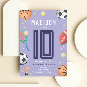Purple Sports Girls 10th Birthday Invitation