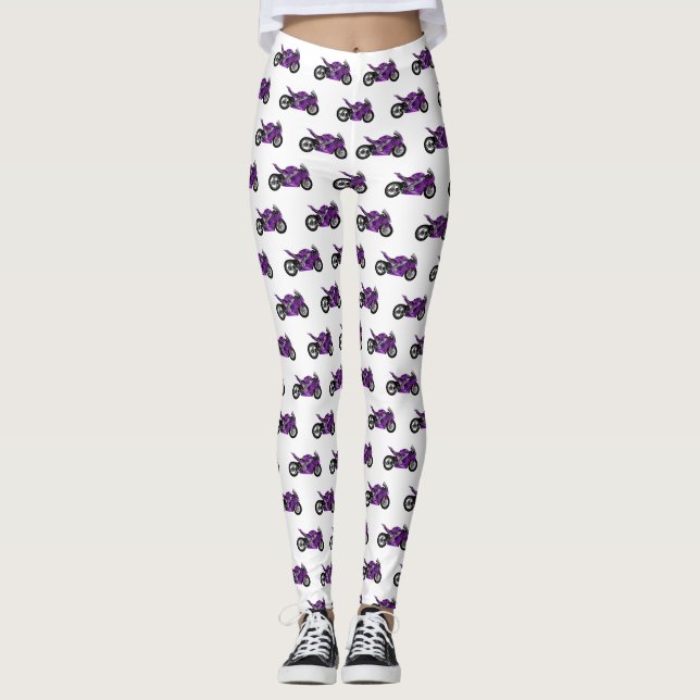 Purple sports motorcycle cartoon  leggings (Front)