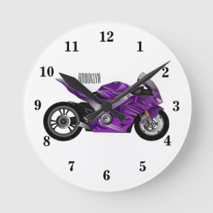 Purple sports motorcycle cartoon round clock