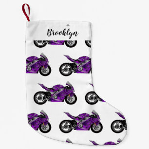 Purple sports motorcycle cartoon small christmas stocking