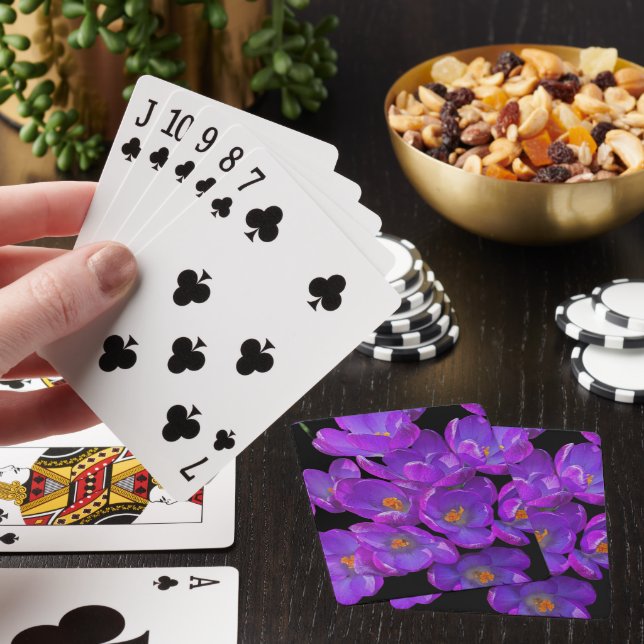 Purple Spring Crocuses on Black Floral Playing Cards (In Situ)