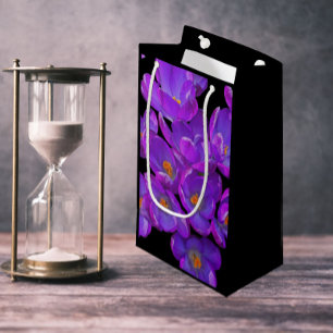 Purple Spring Crocuses on Black Floral Small Gift Bag