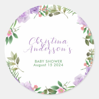 Purple Spring Floral Girl Baby Shower Classic Round Sticker