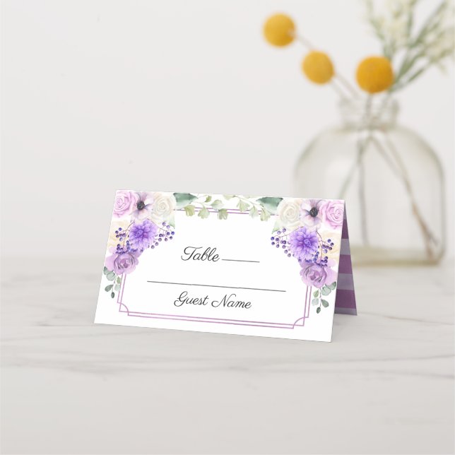 Purple Spring Floral Wedding Place Card (Front)