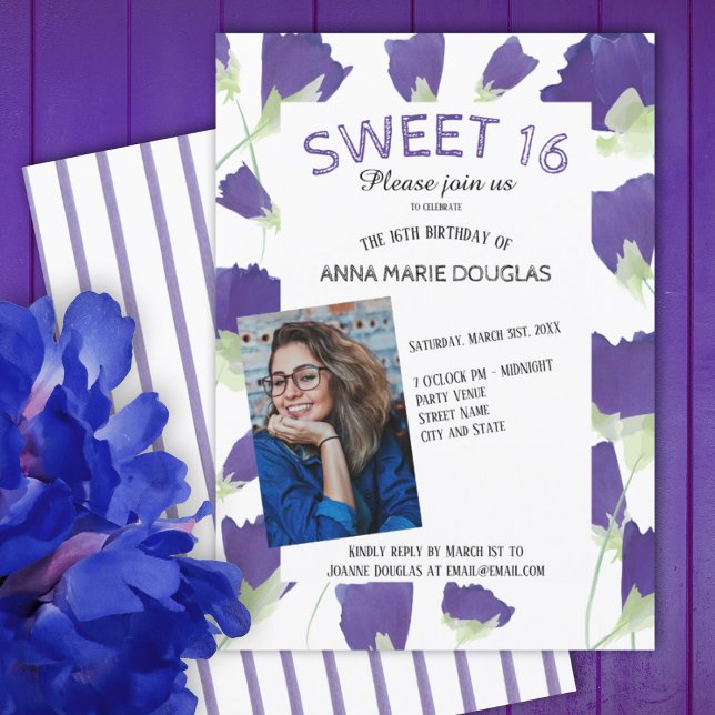 Purple Spring Tulips Floral Sweet 16 Invitations (purple tulips floral summer spring springtime sweet 16 sixteen party invitations, flowers, stripes)