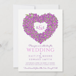 Purple spring tulips flower heart art wedding invitation