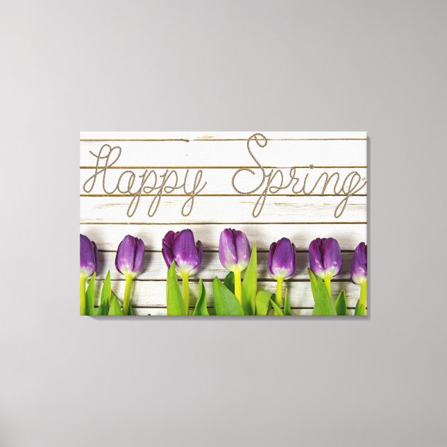 purple spring tulips on whitewashed wood canvas print (Front)
