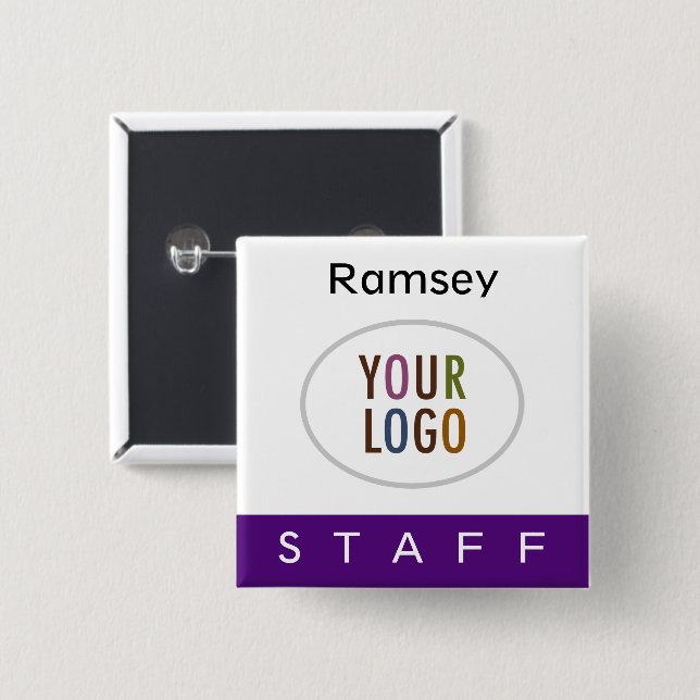 Purple Staff Pinback Name Badge Square Logo Button (Front & Back)