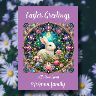 Purple Stained Glass Easter Bunny Christian Holiday Card
