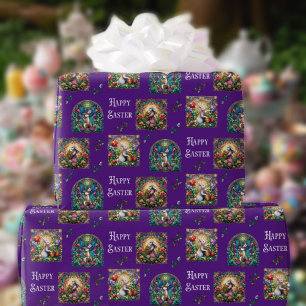 Purple Stained Glass Easter Bunny Pattern Wrapping Paper