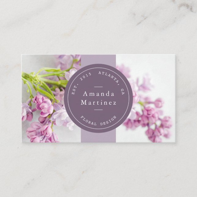 Purple Stamp Ribbon Floral Photo Business Card (Front)