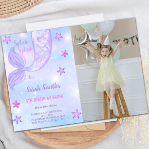 Purple Star Mermaid Birthday Invitations