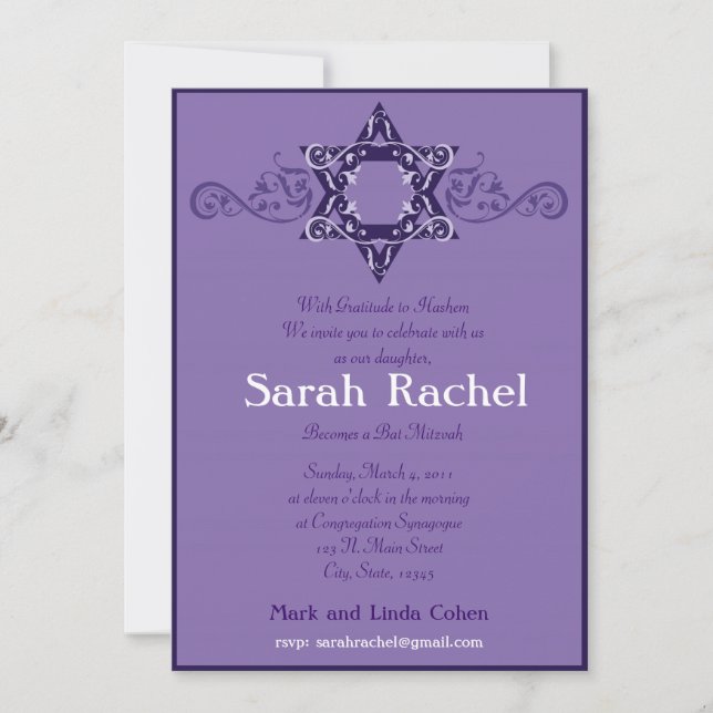 Purple Star of David Damask Invitation (Front)