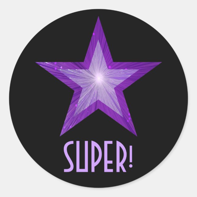 Purple Star 'SUPER!' round sticker black (Front)