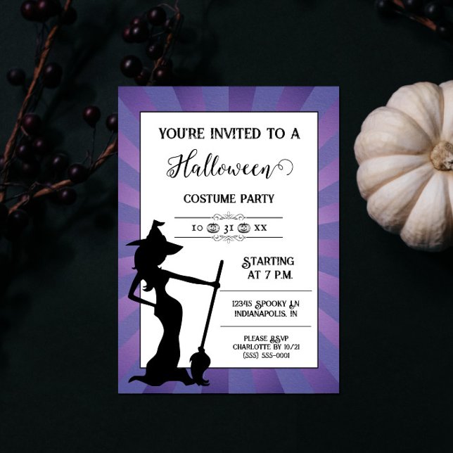 Purple Starburst Witch Halloween Party Invitation (Purple Starburst Witch Halloween Party Invite)