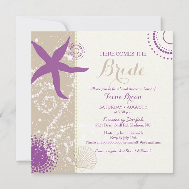 Purple Starfish Beach Bridal Shower Invitation (Front)