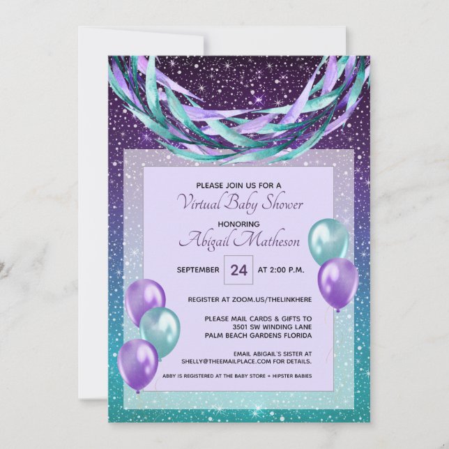 Purple Starry Night Virtual Baby Shower by Mail Invitation (Front)