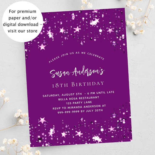 Purple stars budget birthday invitation (Creator Uploaded)
