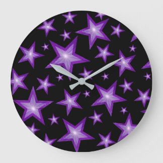 Purple Stars clock round black