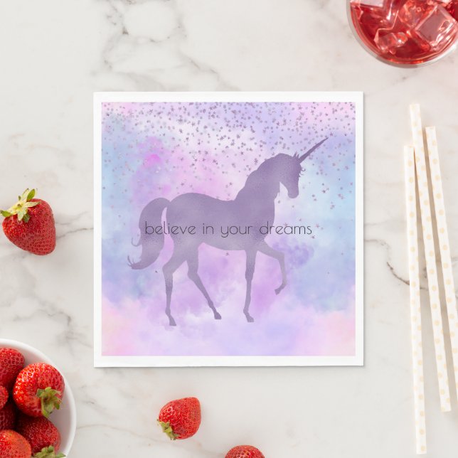 Purple Stars Confetti Watercolor Unicorn Napkin (Insitu)