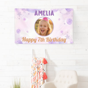 Purple Stars Girly Happy Birthday Photo Party  Banner